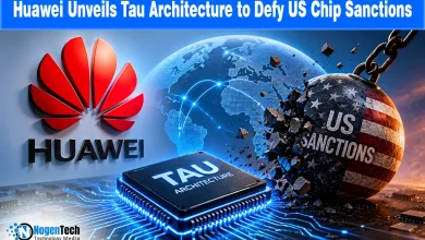 Huawei company logo alongside a glowing 3D computer processor chip diagram on a tech news banner for nogentech.org.