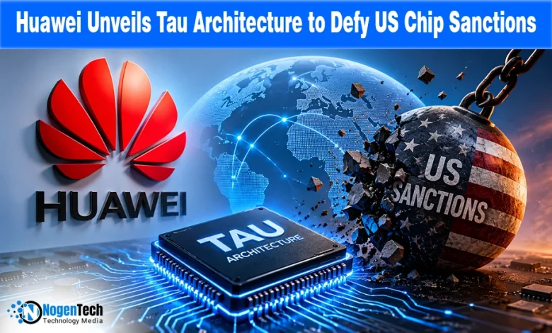Huawei company logo alongside a glowing 3D computer processor chip diagram on a tech news banner for nogentech.org.