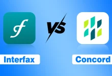 A professional comparison graphic featuring two logos side-by-side on a blue gradient background. On the left is the teal Interfax logo (a stylized white 'f' in a rounded square) labeled "Interfax". On the right is the white Concord logo (multi-colored geometric shards forming a 'C' or leaf-like shape) labeled "Concord". A black "vs" with a lightning bolt separates the two.