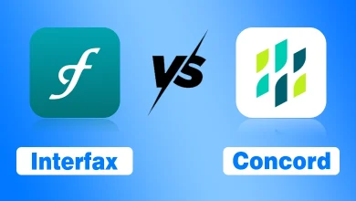 A professional comparison graphic featuring two logos side-by-side on a blue gradient background. On the left is the teal Interfax logo (a stylized white 'f' in a rounded square) labeled "Interfax". On the right is the white Concord logo (multi-colored geometric shards forming a 'C' or leaf-like shape) labeled "Concord". A black "vs" with a lightning bolt separates the two.