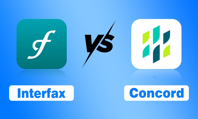 A professional comparison graphic featuring two logos side-by-side on a blue gradient background. On the left is the teal Interfax logo (a stylized white 'f' in a rounded square) labeled "Interfax". On the right is the white Concord logo (multi-colored geometric shards forming a 'C' or leaf-like shape) labeled "Concord". A black "vs" with a lightning bolt separates the two.