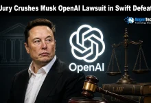Split screen of Elon Musk and Sam Altman with a judge's gavel striking down on the OpenAI logo for a legal news banner.