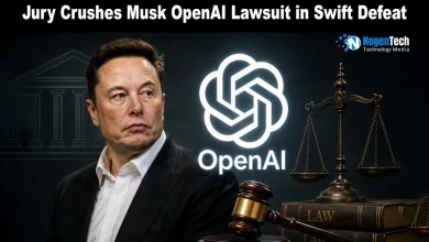 Split screen of Elon Musk and Sam Altman with a judge's gavel striking down on the OpenAI logo for a legal news banner.