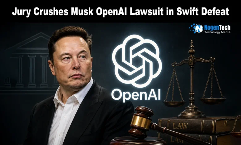 Split screen of Elon Musk and Sam Altman with a judge's gavel striking down on the OpenAI logo for a legal news banner.