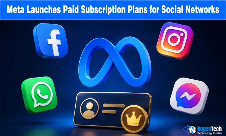 Meta paid subscription plans banner for NogenTech showing social media logos and premium crown badge.
