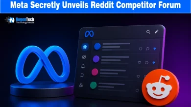 Meta Reddit competitor Forum featured banner with NogenTech logo, blue Meta logo, and orange Reddit mascot icon.