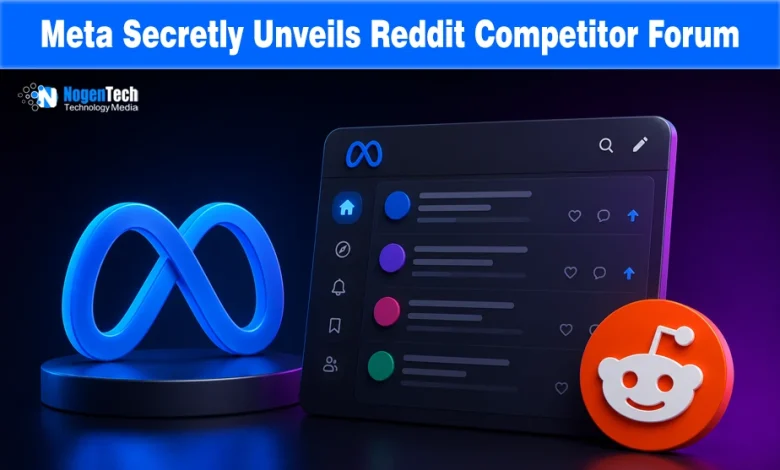 Meta Reddit competitor Forum featured banner with NogenTech logo, blue Meta logo, and orange Reddit mascot icon.
