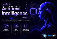 Futuristic artificial intelligence feature image with neon blue and purple AI robot, smart technology icons, and modern cyberpunk design representing AI productivity and machine learning.