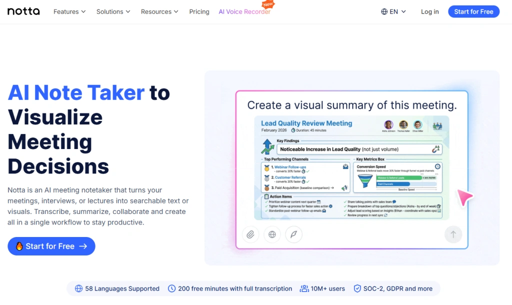 Screenshot of Notta homepage by NogenTech
