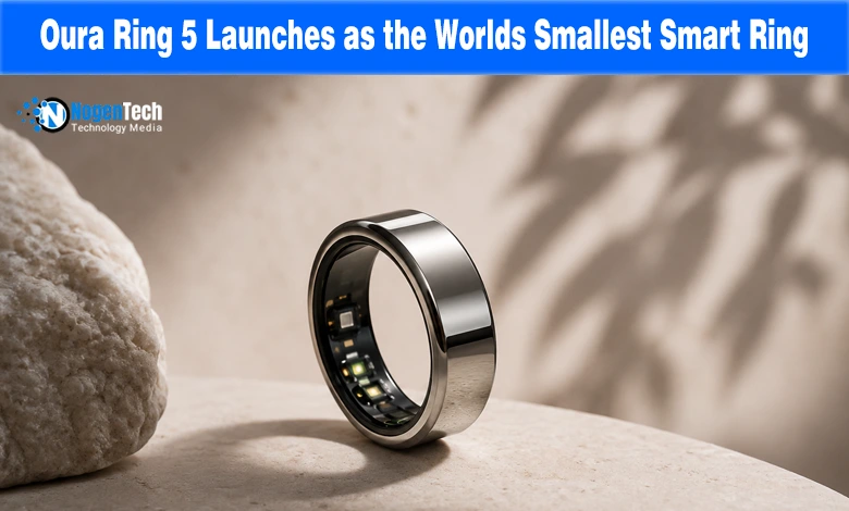 Oura Ring 5 world's smallest smart ring announcement banner with NogenTech logo.