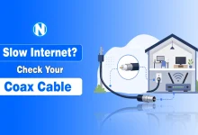 Illustration of a coaxial cable connecting to a home outlet on a blue background, representing a guide to fixing slow internet.