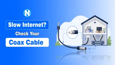 Illustration of a coaxial cable connecting to a home outlet on a blue background, representing a guide to fixing slow internet.