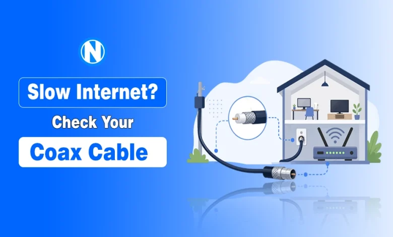 Illustration of a coaxial cable connecting to a home outlet on a blue background, representing a guide to fixing slow internet.