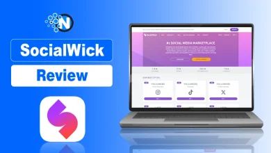 SocialWick Review featured banner for NogenTech showing the platform website on a laptop.