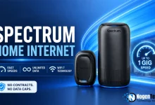 NogenTech featured image showing Spectrum Home Internet router with fast speeds, unlimited data, WiFi 7 technology, and no-contract internet features.
