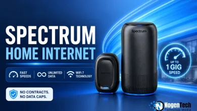 NogenTech featured image showing Spectrum Home Internet router with fast speeds, unlimited data, WiFi 7 technology, and no-contract internet features.
