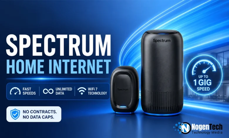 NogenTech featured image showing Spectrum Home Internet router with fast speeds, unlimited data, WiFi 7 technology, and no-contract internet features.
