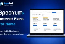 Spectrum internet plans for home banner with NogenTech logo showing pricing options on a laptop screen.