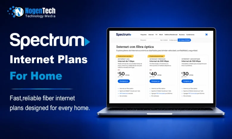 Spectrum internet plans for home banner with NogenTech logo showing pricing options on a laptop screen.