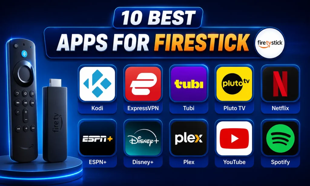 Showing the logo of best apps for Firestick in 2026 are Kodi, ExpressVPN, Tubi, Pluto TV, Netflix, Disney+, ESPN+, Plex, YouTube, and Spotify