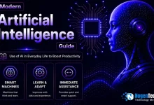 Futuristic artificial intelligence feature image with neon blue and purple AI robot, smart technology icons, and modern cyberpunk design representing AI productivity and machine learning.