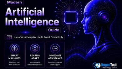 Futuristic artificial intelligence feature image with neon blue and purple AI robot, smart technology icons, and modern cyberpunk design representing AI productivity and machine learning.