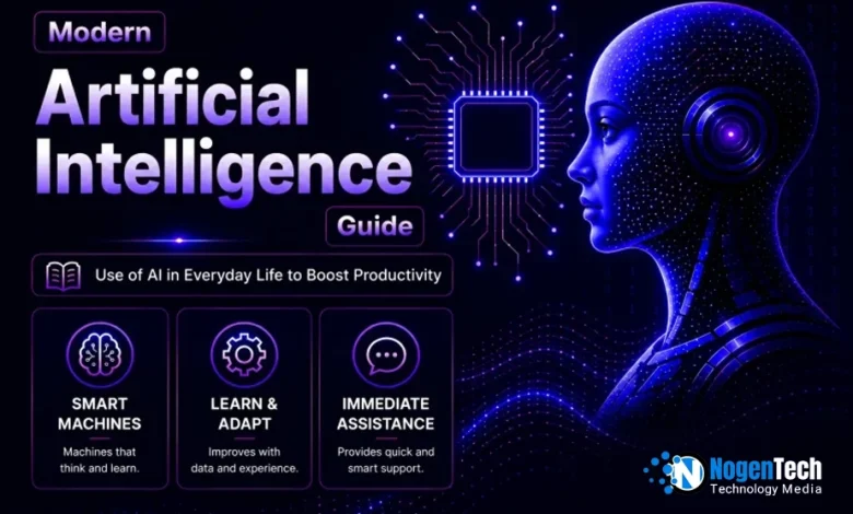 Futuristic artificial intelligence feature image with neon blue and purple AI robot, smart technology icons, and modern cyberpunk design representing AI productivity and machine learning.