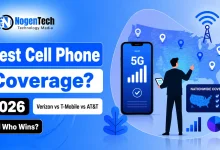 Best cell phone coverage 2026 comparison showing Verizon vs T-Mobile vs AT&T with 5G signal, US coverage map, and mobile network icons.