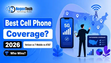 Best cell phone coverage 2026 comparison showing Verizon vs T-Mobile vs AT&T with 5G signal, US coverage map, and mobile network icons.