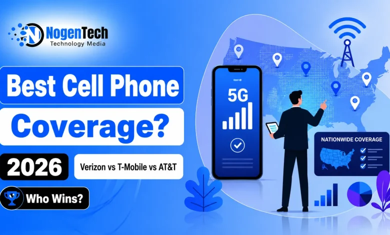 Best cell phone coverage 2026 comparison showing Verizon vs T-Mobile vs AT&T with 5G signal, US coverage map, and mobile network icons.