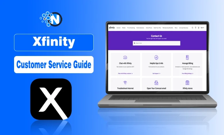 Xfinity modem and customer service guide text on a blue informational graphic for Nogentech.org.