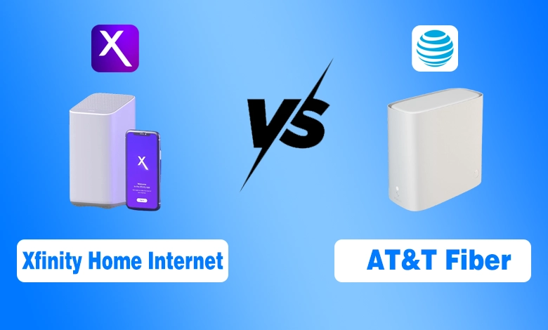 Comparison of Xfinity Home Internet and AT&T Fiber showing internet speed, fiber technology, coverage, pricing, and performance differences for US households.