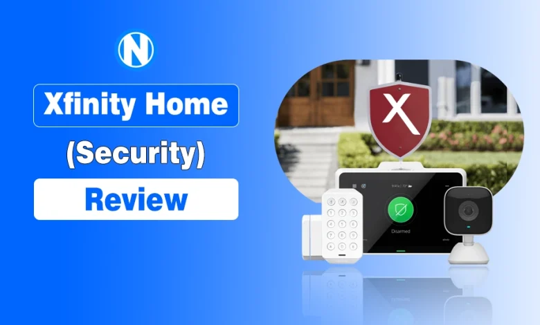 Xfinity Home Security Review graphic featuring a touchscreen control panel, indoor camera, keypad, and door sensor against a blue background.