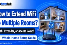Featured image showing a home WiFi router, mesh nodes, and WiFi signals reaching multiple rooms in a house.