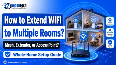 Featured image showing a home WiFi router, mesh nodes, and WiFi signals reaching multiple rooms in a house.