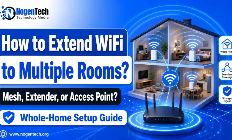 Featured image showing a home WiFi router, mesh nodes, and WiFi signals reaching multiple rooms in a house.