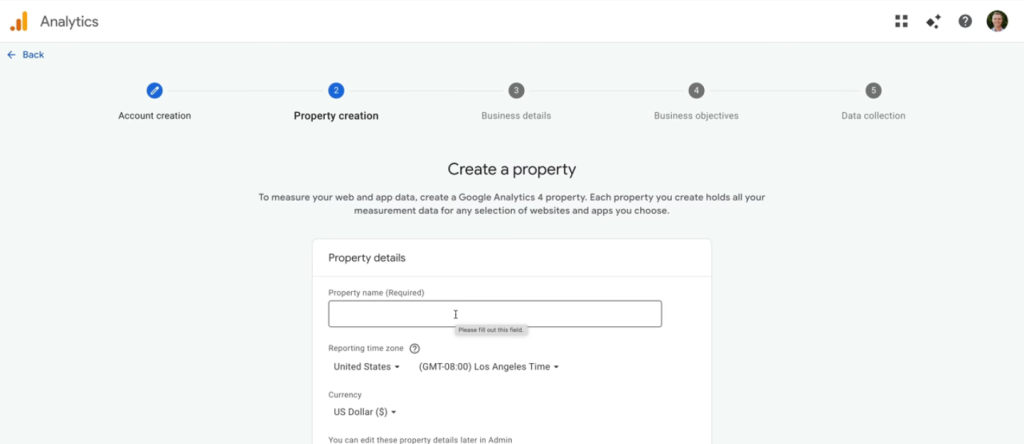Now in step 3 fill the information to create the prpoerty after the account.