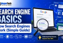 Search engine basics guide showing crawling, indexing, ranking, and Google search results on a laptop