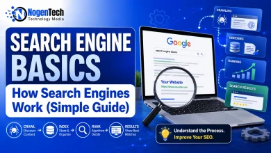 Search engine basics guide showing crawling, indexing, ranking, and Google search results on a laptop