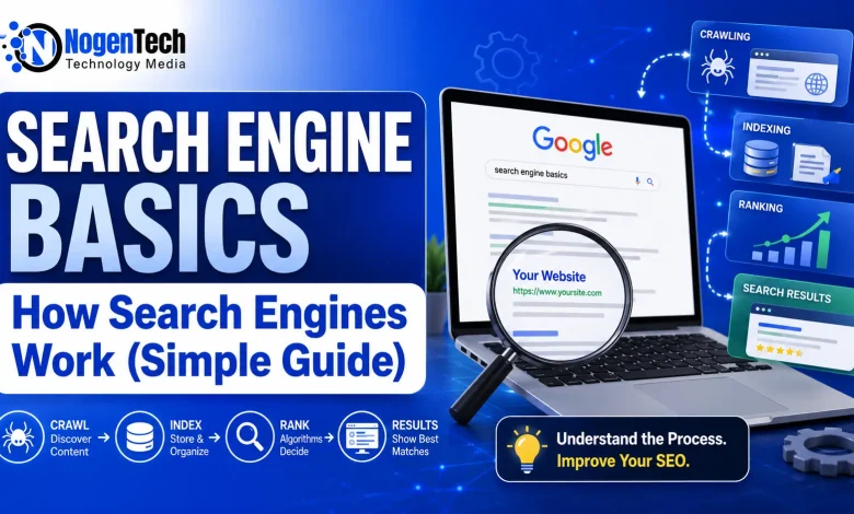 Search engine basics guide showing crawling, indexing, ranking, and Google search results on a laptop