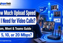 Featured image showing upload speed needed for video calls, with a laptop video meeting, Wi-Fi router, upload arrows, and NogenTech branding.
