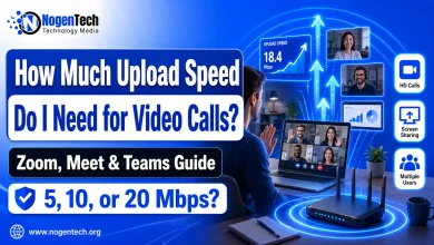 Featured image showing upload speed needed for video calls, with a laptop video meeting, Wi-Fi router, upload arrows, and NogenTech branding.