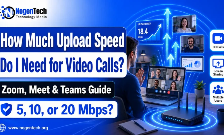 Featured image showing upload speed needed for video calls, with a laptop video meeting, Wi-Fi router, upload arrows, and NogenTech branding.