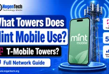 Featured image showing Mint Mobile connected to T-Mobile towers with 5G coverage icons for a NogenTech guide.