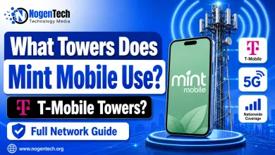 Featured image showing Mint Mobile connected to T-Mobile towers with 5G coverage icons for a NogenTech guide.