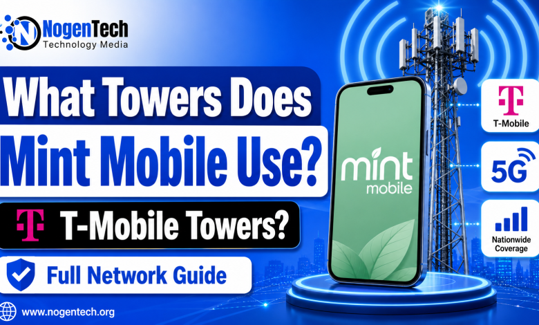 Featured image showing Mint Mobile connected to T-Mobile towers with 5G coverage icons for a NogenTech guide.