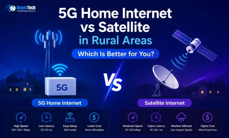 5G Home Internet vs Satellite in Rural Areas comparison banner for NogenTech.