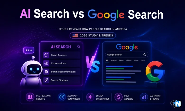 AI Search vs Google Search study infographic comparing user behavior, accuracy, energy consumption, costs, and future search trends in America.