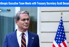 Treasury Secretary Scott Bessent standing next to an American flag on an AI policy news banner for nogentech.org.