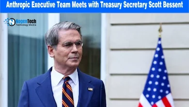 Treasury Secretary Scott Bessent standing next to an American flag on an AI policy news banner for nogentech.org.
